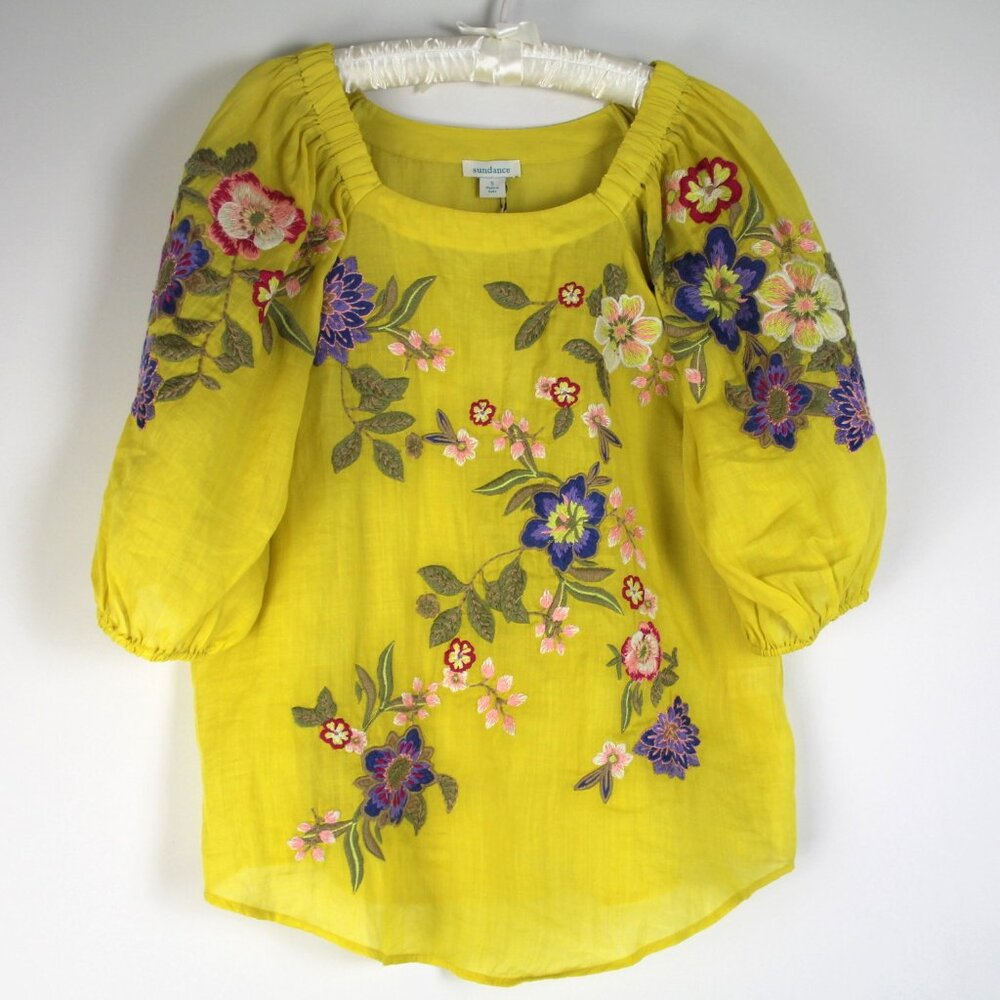 Sundance Catalog Blooming Arbor Lemon Yellow Floral Embroidery Top S NWT